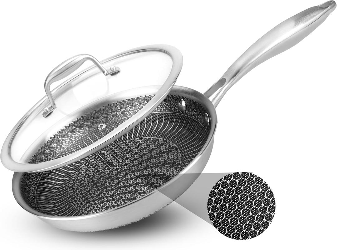 NutriChef 8" Stainless Steel Frying Pan with Lid -Triply Kitchenware Stir Fry Pan Kitchen Cookware w/DAKIN Etching Nonstick Coating, Scratch-resistant Raised-up Honeycomb Fire Textured Pattern -NC3PL8