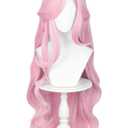 Half and Half Long Curly Light Pink Pony Wig with Bangs Pastel Pink Anime Cosplay Wigs 39'' Syntehtic Hair for Women Halloween Party