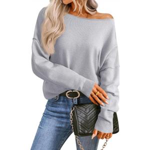 Saodimallsu Womens Off The Shoulder Sweater Boat Neck Batwing Sleeve Knit Pullover 2025 Cute Casual Trendy Jumper Tops (XL, Grey)