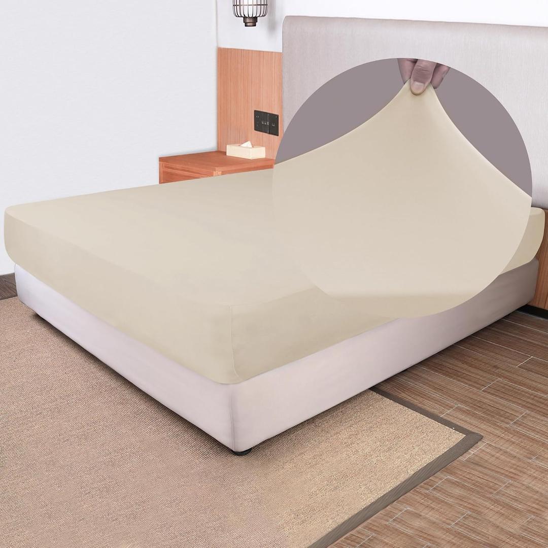 Soft Stretch Twin Fitted Sheet Only - Jersey Knit & Cozy T-Shirt Like, 4-Way Stretchy Snug Fit & Wrinkle Free, No More Slipping Mattress Sheets - Creamy Beige, Twin