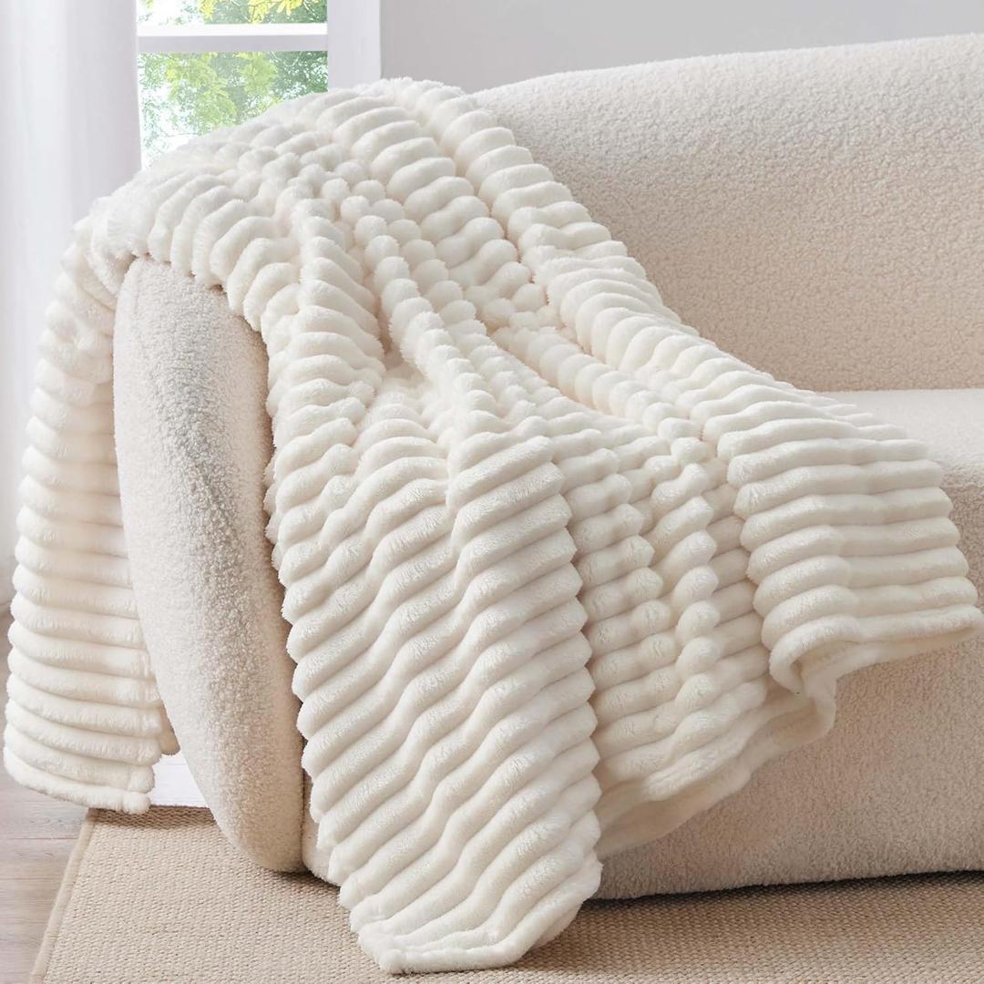 BEDELITE Fleece Throw Blanket for Couch - 300GSM Soft & Warm Fluffy Cream Blanket, Decorative and Giftable Striped Blankets for Women, Men, 50"x70" (Throw XL(50"x70"))