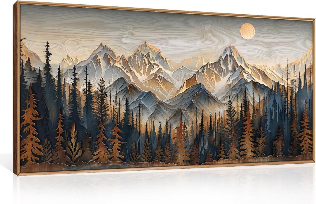 Mountain Wood Framed Canvas Wall Art Set,Rustic Pine Trees Wall Painting,Boho Ridge Scenery Wall Decor,Natural Sun landscape Art Print for Living Room,Bedroom,Dining Room,Office - 20"x40"x1