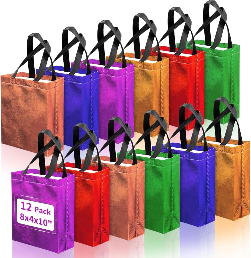 Takytao 12 PCS Reusable Gift Bags with Handles, Glossy Mix Color Gift Bags, 8 x 4 x 10 Inch Non-Woven Solid Color Favor Bags, Giftbags for Birthday, Party, Wedding, Christmas, Shopping, Graduation
