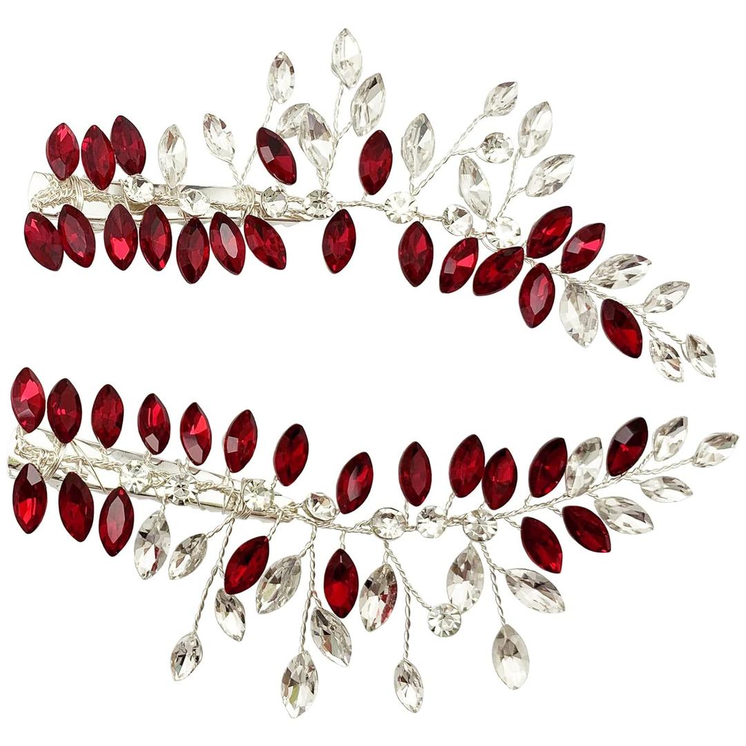 BETITETO Wedding Hair Clip Combs, 2Pcs Red White Green Rhinestone Bridal Hair Vine Piece Accessories for Women Girls Party Birthday (Red)