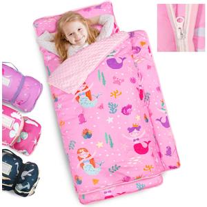 Primlect Toddler Nap Mat Extra Large Thickened 55''x35'', Soft Sleeping Bag with Detachable Minky Blanket and Pillow, Portable for Daycare, Preschool, Kindergarten, Travel, Boys and Girls (Pink Mermaid)