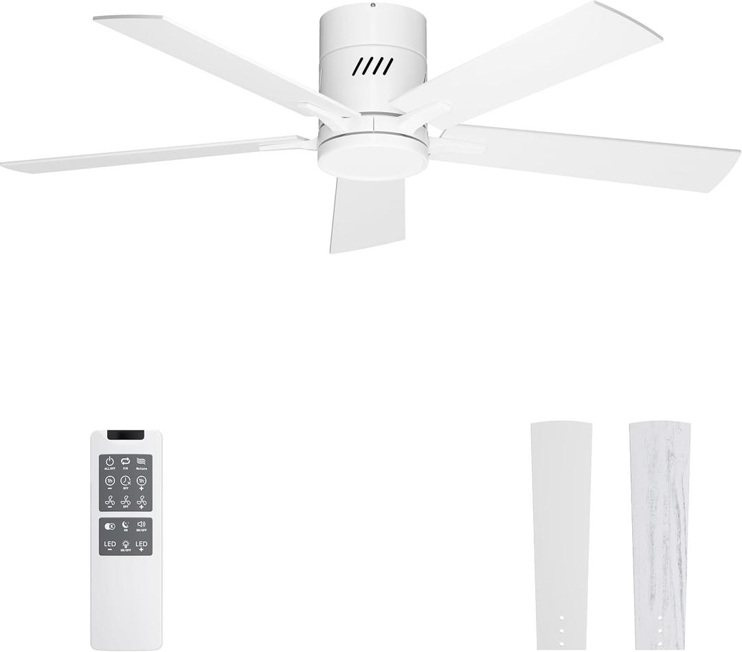 Ohniyou Ceiling Fan with Lights, 48" Flush Mount Ceiling Fan with Light and Remote, Low Profile, Silent DC Motor, Dimmable for Bedroom Living Room, White