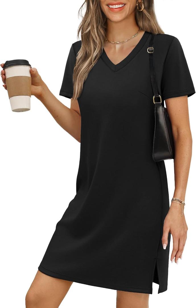 RUMIA Summer Dresses for Women 2026 V-Neck Casual Sundresses T-Shirt Dress Black, Large