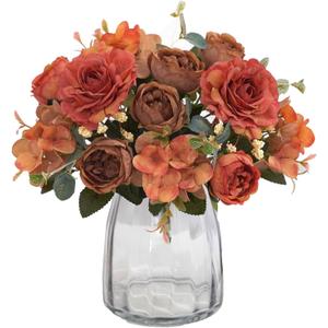 Artificial Flowers Fake Peony Silk Flowers Hydrangea Bouquet Decor Faux Camellia Flower for Home Living Room Table Centerpieces Decoration (Russet)