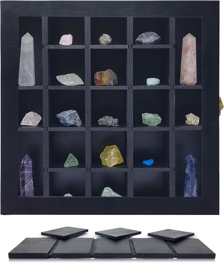 Rock Display Case. Shadow Box with Shelves for Rock Collection Display Case. Use for Arrowhead, Crystal, Fossil, Trinket Display case and Organizer.