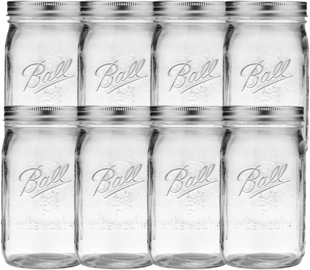Ball Wide Mouth Glass Mason Jars with Lids and Bands, Used for Canning, Pickling, Juice, Jam, Jelly, Quart Size 32 Ounce (Pack of 8)