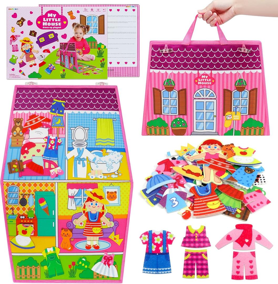 OKOOKO Dress Up House Felt Board 35PCS Double-Sided Foldable Dress Up Teaching Girls Toy Preschool Crafts Storytelling Early Learning Interactive Play Kit for Toddlers Kids (Pink)