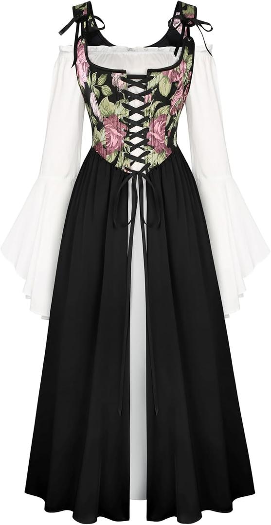 Scarlet Darkness Women Renaissance Dress Peasant Medieval Dress Bell Sleeve Maxi Fairy Dress (Black, 12)