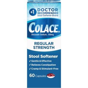 Colace Stool Softener 100 mg, 60 Capsules, Constipation Relief, Docusate Sodium, Gentle Docusate, Stimulant-Free, Regular Strength, #1 Doctor Recommended Stool Softener Brand