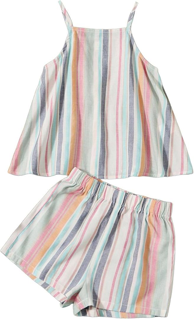 Floerns Girl's 2 Piece Outfit Rainbow Striped Cami Top and Wide Leg Shorts Set Rainbow Multi 9Y