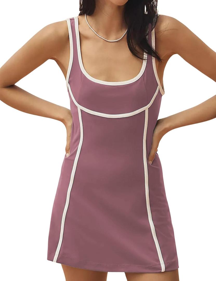 Athlisan Womens Athletic Tennis Dress Sleeveless Built in Shorts Workout Scoop Neck Mini Dress(Purple-M)