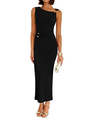 ZESICA Women's 2026 Summer Maxi Dress Sleeveless Ruched Elegant Wedding Guest Cocktail Formal Bodycon Long Dresses Black Large