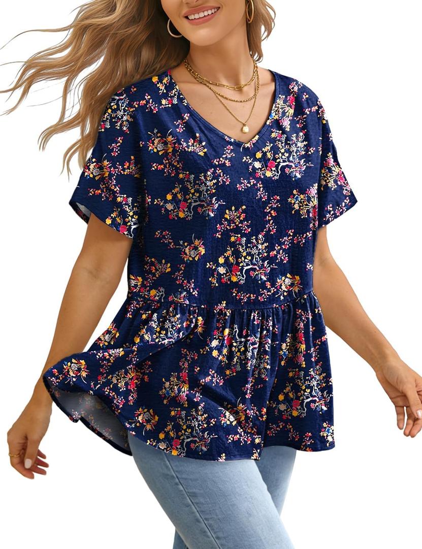 YESNO Women's Summer Tops Casual V Neck Babydoll Blouses Floral Short Sleeve Peplum Shirts TH2 (L)