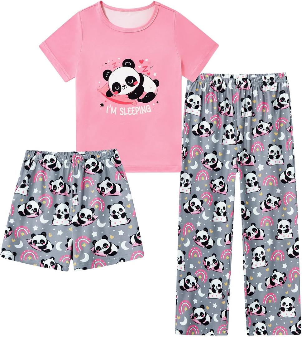Funnycokid Girls Pajamas 3 Piece Short Sleeve Shirt Top Pants Shorts with Pockets (7-8 Years)