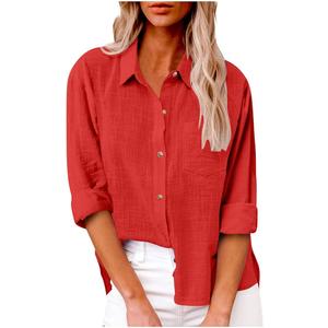 Gauze Tops for Women' Loose Fit Cotton Linen Long Sleeve Top Button Down Casual Collared Blouses with Chest Pocket (XL)