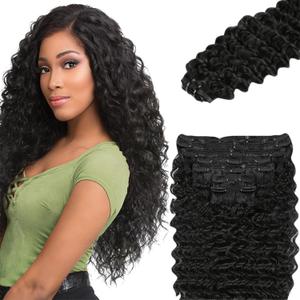 #1B Deep Wave Clip in Hair Extensions,32 Inch Soft Real Human Hair,Natural Black Clip ins 120g 7pcs Per,Brazilian Double Weft Remy #1B Human Hair Extensions