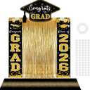 7 Pcs Graduation Party Decorations Class of 2026 Congrats Grad Banner Gold Foil Fringe Backdrop Curtains Black and Gold Graduation Decorations for High School & College Celebrations Party Supplies