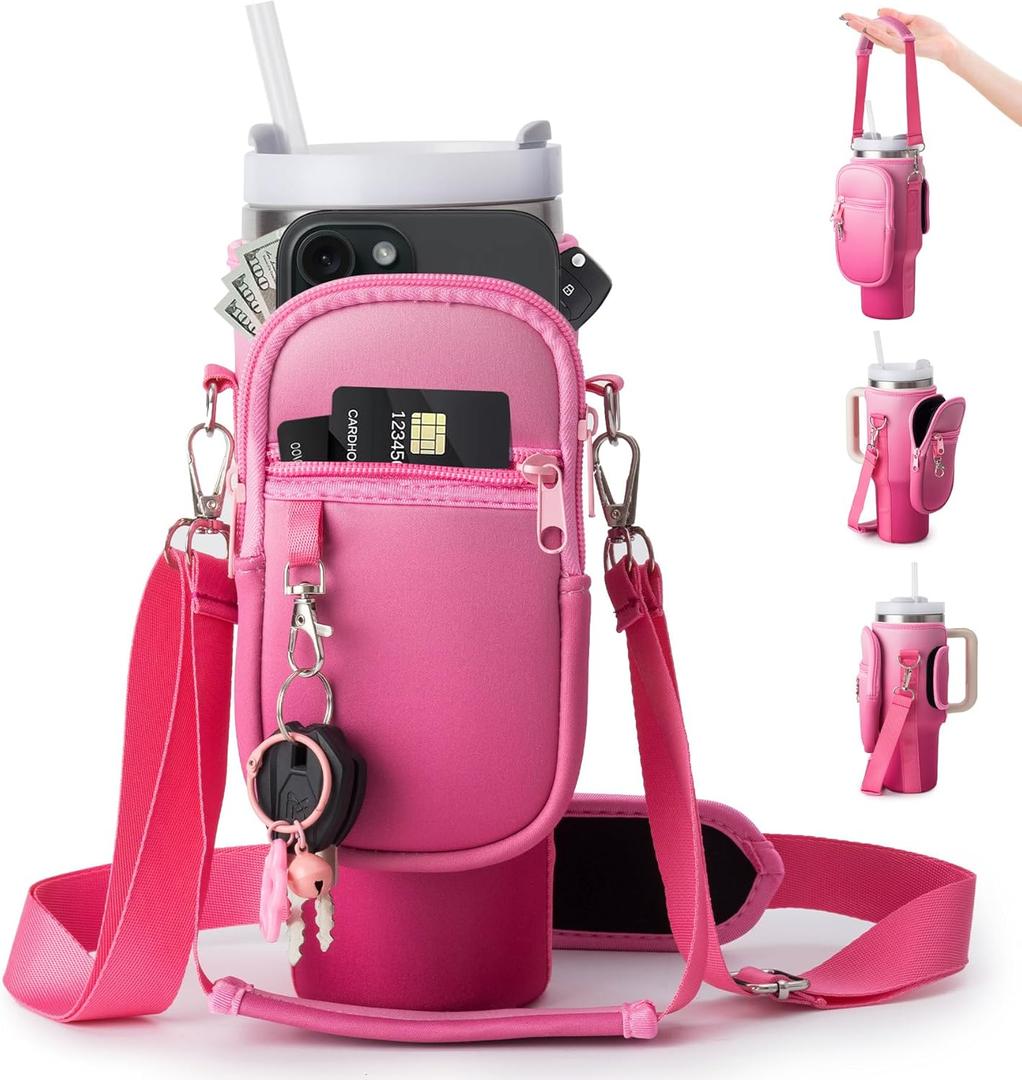 linmaya Water Bottle Carrier Bag for Stanley Cup 40/30oz with Phone Holder Pockets,Neoprene Water Bottle Cross-body Bag with Adjustable Shoulder & Hand Strap Stanley Cup Accessories (Fuchsia Pink)