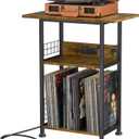 Large Record Player Stand 3-Tier Rustic Brown Vinyl Storage Table with Charging Station, Stylish Turntable Organizer for Living Room & Bedroom, Elegant Gift for Music Lovers & Vinyl Enthusiasts