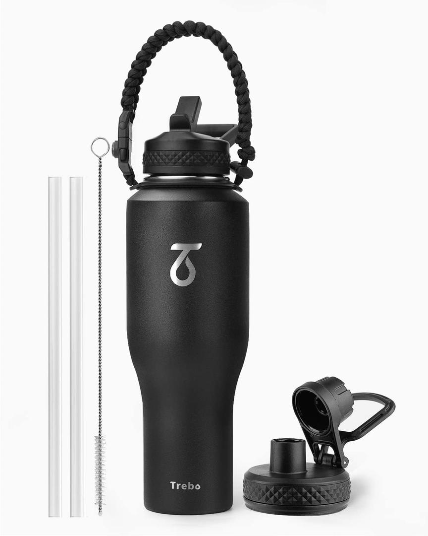 Trebo 40 oz Insulated Water Bottle that Fits in Car Cup Holder, Triple Wall Stainless Steel Water Bottles Insulated, LeakProof,Keep 48 hrs Cold & 24 hrs Hot, Metal Tumbler with Paracord Handle, Straw (Black)