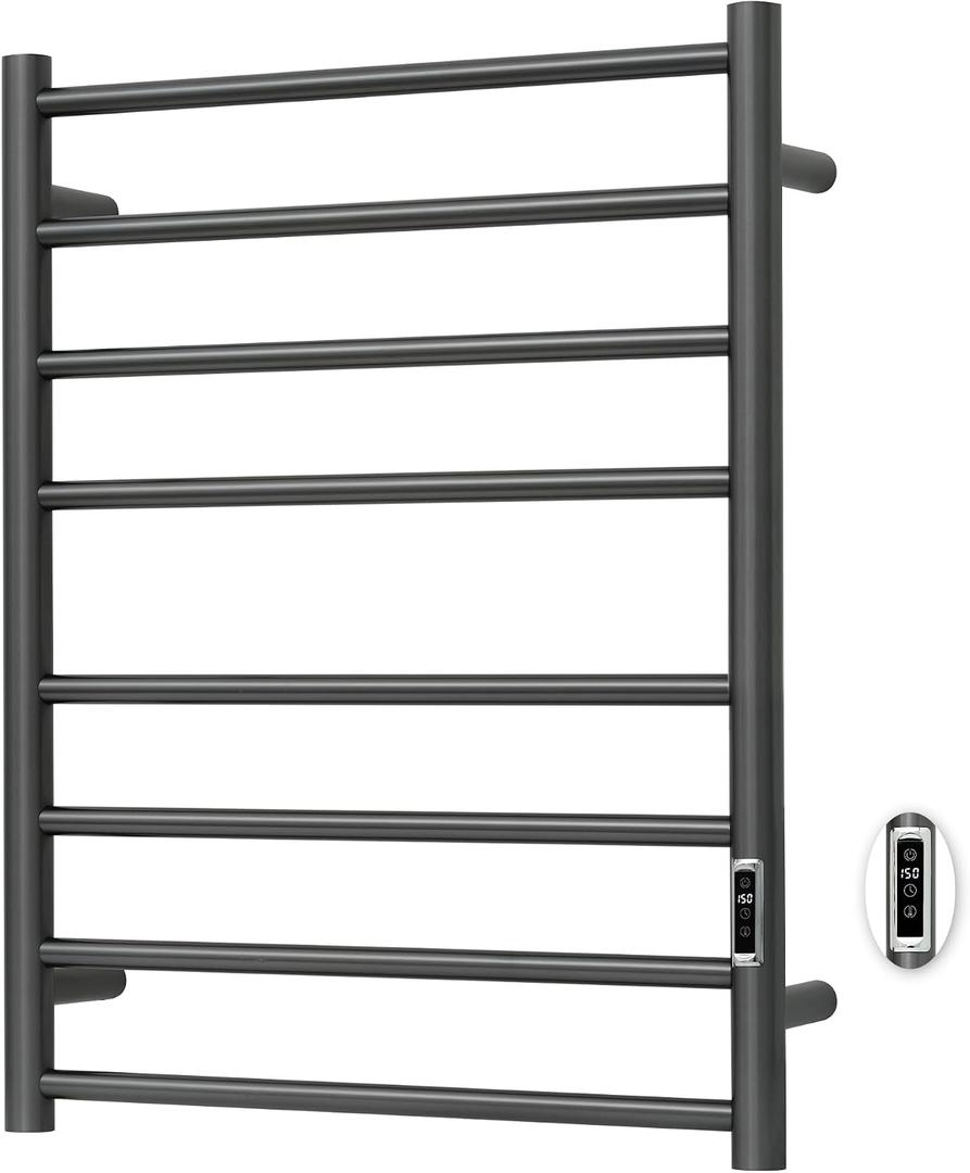 Heated Towel Racks for Bathroom, Wall Mounted Electric Towel Warmer Racks with Timer & Temperature Control, Stainless Steel Towel Heater for Bathroom (Round-Gunmetal Grey, 8 Bars)