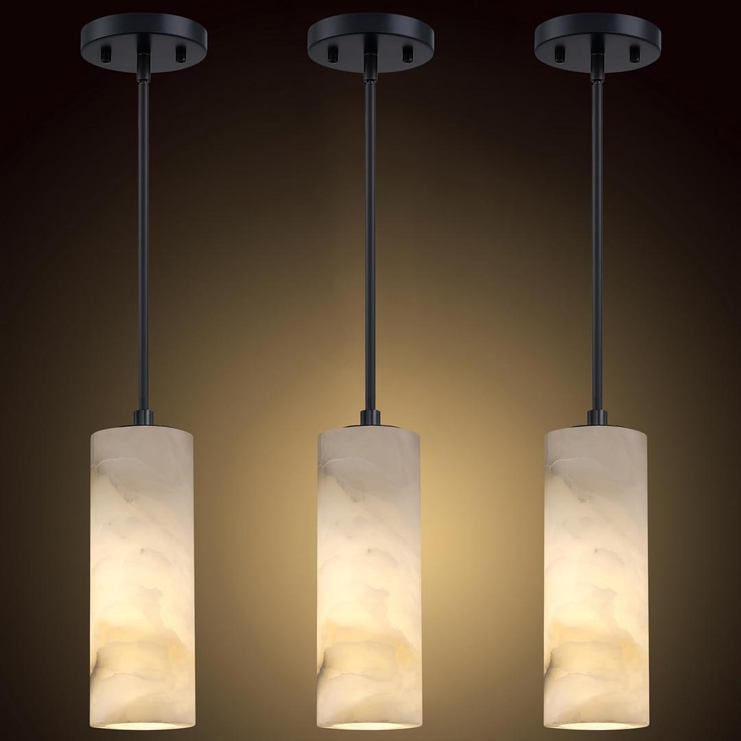 1 Light Modern Industrial Farmhouse Hanging Kitchen Island Pendant Ceiling Light Fixture, Cylinder Natural Alabaster Marble Black Finish Over Sink Restaurant bar Corridor (Pack of 3)