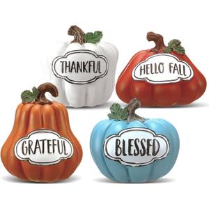 Bucherry Set of 4 Thanksgiving Pumpkins Fall Table Decor for Home Table Centerpieces, Harvest Autumn Resin Pumpkin Figurines Indoor Tabletop Centerpieces Decorative for Dining Room Shelf Decoration