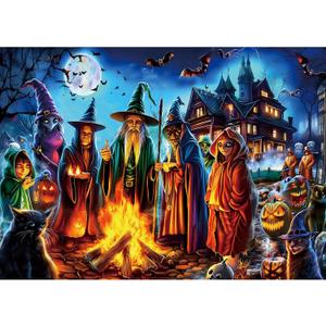 Halloween 1000 Piece Jigsaw Puzzle for Adults Witches' Spooky Bonfire Night Scene with Haunted House Bats Black Cats Pumpkins Scary Horror Ghosts Gothic Challenging Puzzle for Game Night (27.6"x19.7")