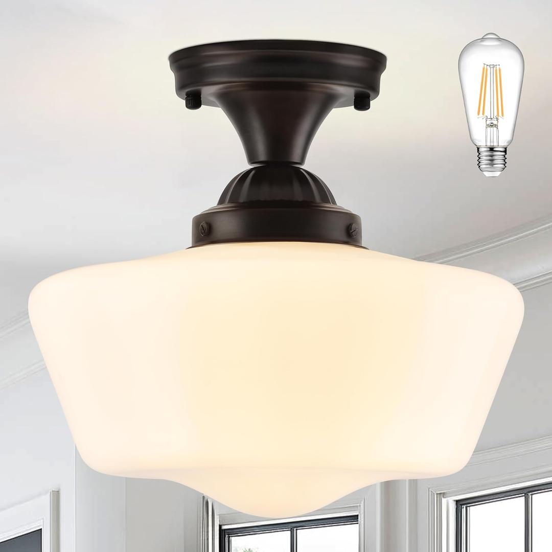 Bagood 12" Milk Glass Lights Fixture Schoolhouse Light Fixture Mid Century Light School House Lights Fixtures Ceiling Semi Flush Mount Ceiling for Bathroom Bedroom (Bulb Incl.) (12 inch-Black)