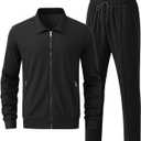 Men's Waffle Tracksuit 2 Pieces Set Casual Long Sleeve Zip Up Sweatsuits Solid Athletic Jogging Suit Sets (Black, S)