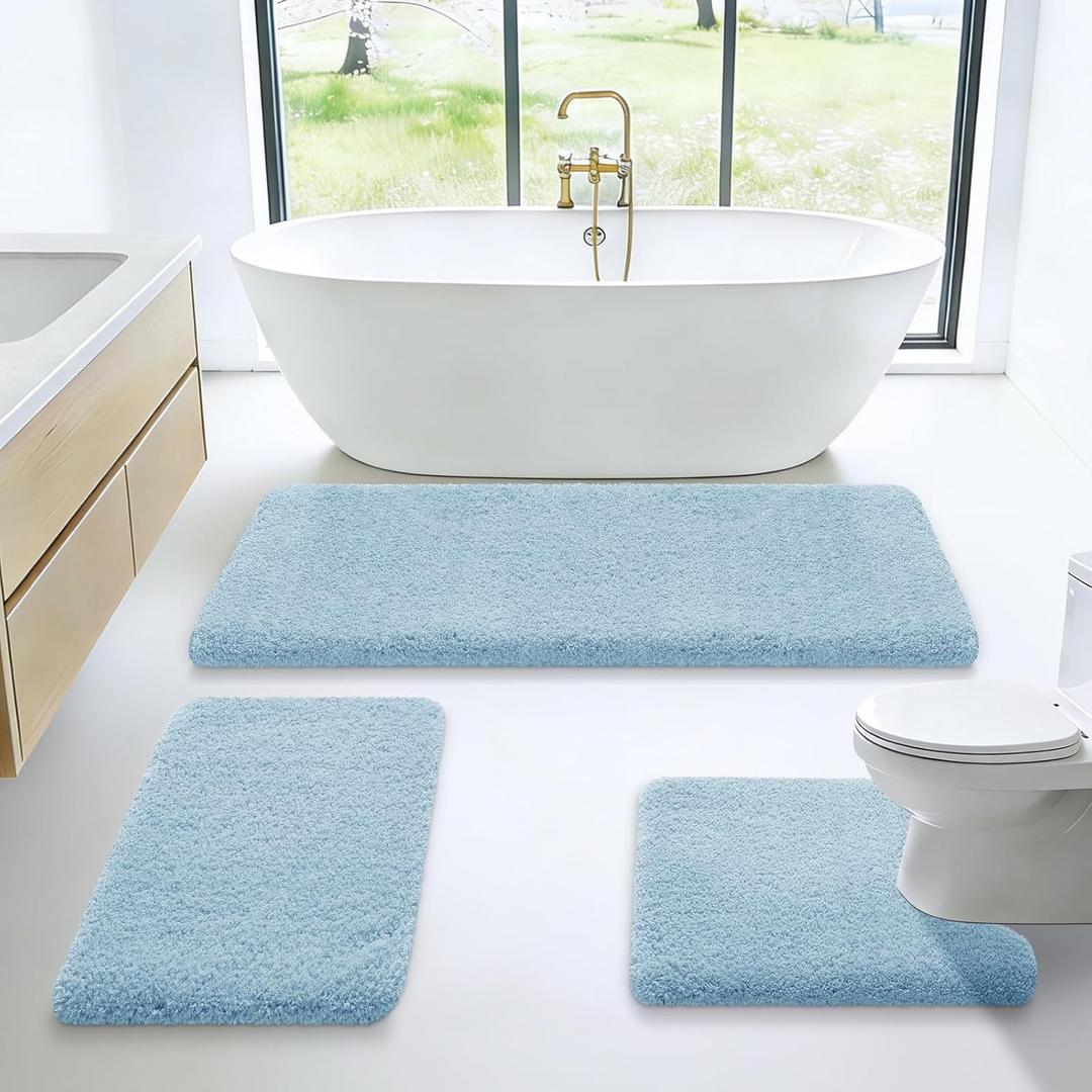 Microfiber Thick Bathroom Rugs Set 3 Piece, Flurry Non Slip Bath Rug, Soft Plush Absorbent Bathroom Mat, Machine Washable Luxury Toilet Rug Set, Bath Mat for Tab, Shower and Bathroom, Light Blue