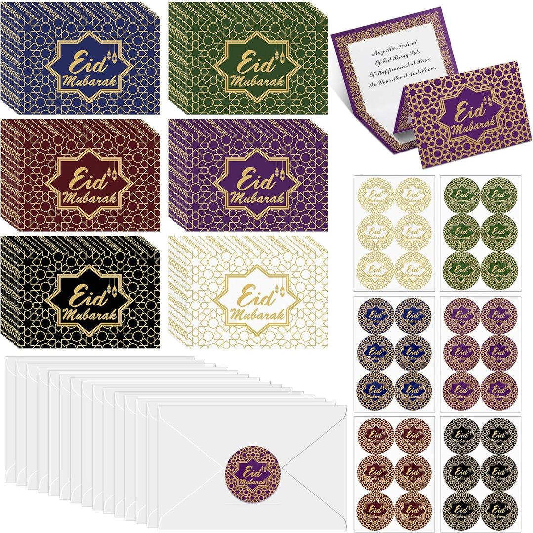 36 Sets Eid Mubarak Greeting Cards with Envelopes Stickers Note Cards Bulk Eid Mubarak Envelopes Stickers for Muslim Ramadan Party Supplies Celebration