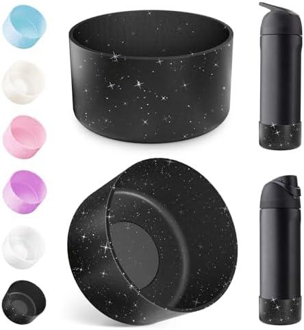 2PCS Silicone Water Bottle Boot for Owala 24oz, Protective Bottom Bumper Anti-Slip Sleeve for FreeSip, Twist, and Flip Stainless Steel Bottles, Dishwasher Safe and BPA Free(Shiny Black)