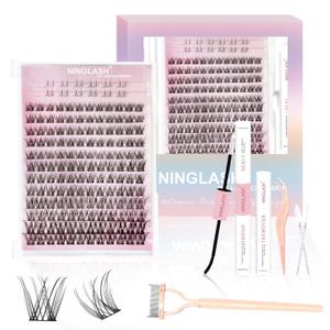 NINGLASH Vibes Lash Clusters Kit Wispy DIY Eyelash Extension Kit, Individual Lashes Kit Thin Band Natural Cluster Lashes 156 pcs, Lash Bond and Seal Lash Remover Lash Tweezers Comb Brush