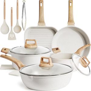 Kikcoin 16Pcs Ceramic Pots and Pans Set Non Stick, Includes a 9.5" Grill Pan, Induction Kitchen Cookware Sets, White Nonstick RV Kitchen Camping Cooking Sets Stackable (PTFE, PFOS, PFOA Free), 16 Piece