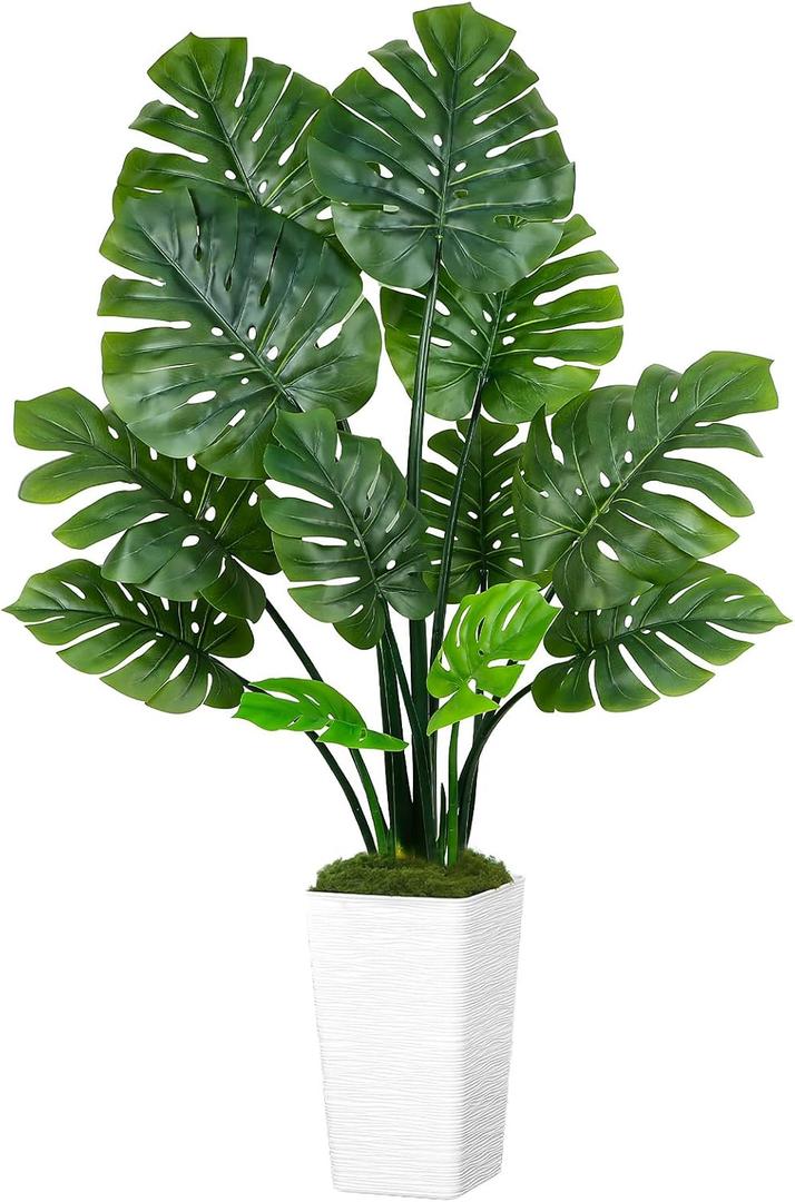 UPBUD Artificial Monstera Deliciosa Plant, 5FT Fake Tropical Monstera Tree with White Pot & 12 Lifelike Leaves, 60in Tall Faux Floor Trees Fake Plants for Indoor Outdoor Office Living Room Decor