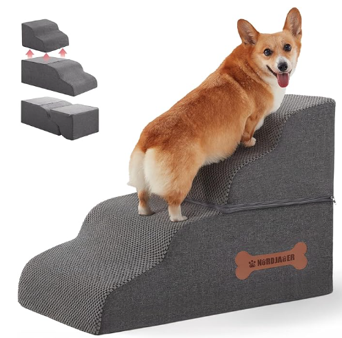 Dog Stairs 4 Steps for Small Dogs and Cats to Get on High Beds, Couch or Car, Pets Can Climb, Sit, Lie Down or Perch to Look Out Windows on The Spliceable Ramp, Provides Support, Grey（19" H）
