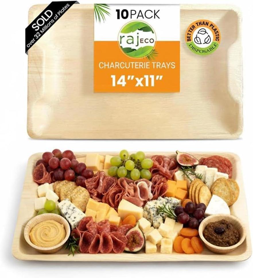 Raj Disposable Palm Leaf serving trays and platters | Like Bamboo Tray, Plates Disposable for Parties | Charcuterie Boards, Plates, & Platter | Food trays | 10 Pack 14" Tray