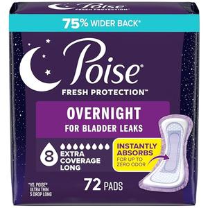 Poise Overnight Incontinence & Postpartum Pads for Bladder Leaks, 8 Drop Extra Coverage, 72 Count (2 Packs of 36)