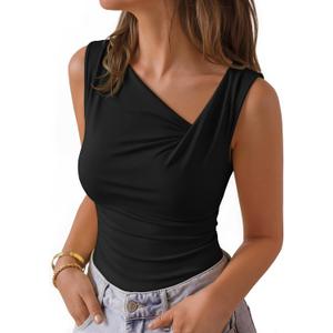 ZESICA Womens Summer Sleeveless Tank Tops 2026 Asymmetrical Neck Ruched Slim Fit Shirts Fashion Going Out Clothes (Black, S)