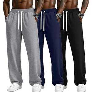 JoyMotion 3 Pack Men's Sweatpants Lightweight Wide Leg Drawstring Open Bottom Pants Baggy Athletic Joggers Lounge with Pocket, Small