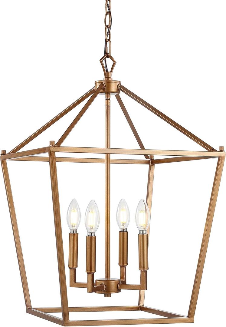 JONATHAN Y 16" Antique Gold Lantern Pendant Light, 4-Light Pagoda Style Metal Cage Farmhouse Hanging Ceiling Fixture for Kitchen Island, LED Bulb Included (JYL7437B)
