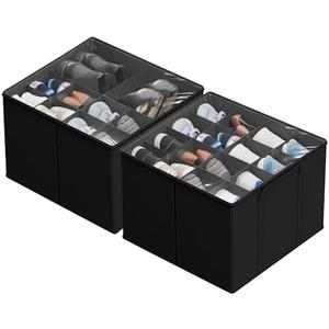 SUOCO 2 Pack Shoe Organizer for Closet, Fits up to 32 Pairs, Small Space Shoe Storage Boxes Bins Containers w/Adjustable Dividers and Clear Top, Black