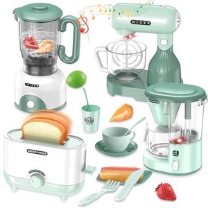Kids Play Kitchen Accessories, Pretend Play Kitchen Appliance Toy Set with Coffee Maker, Toaster, Blender, Mixer, Kitchen Toys with Light & Sound, Play Kitchen Sets for Kids Ages 3 4 5 6