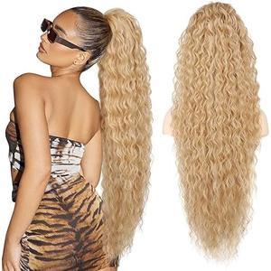 Ponytail Extension, SEIKEA 36" Long Lightweight Full Natural Curly Drawstring Ponytail Fake Pony Tail Multi Layered Soft Clip in Hair Extensions Ponytail Synthetic Hairpiece, Golden Blonde Highlights
