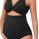 Maternity One Piece Swimsuits for Women - Ribbed Cutout High Waist Maternity Bathing Suits Tie Knot Pregnancy Swimwear 2026 Black, M